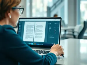Osoba pracująca przy laptopie z otwartym dokumentem tekstowym, na którym widoczne są ustawione marginesy strony.