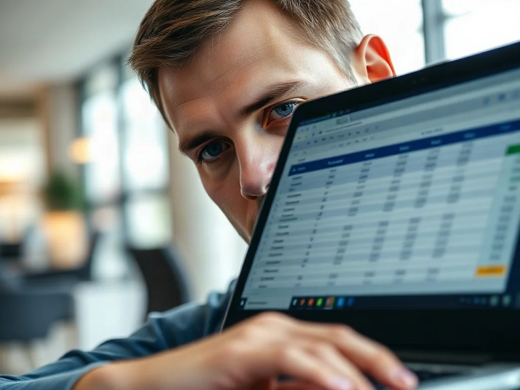 Mężczyzna pracujący przy laptopie, na którego ekranie widać otwarte menu rozwijane w arkuszu kalkulacyjnym Excel.