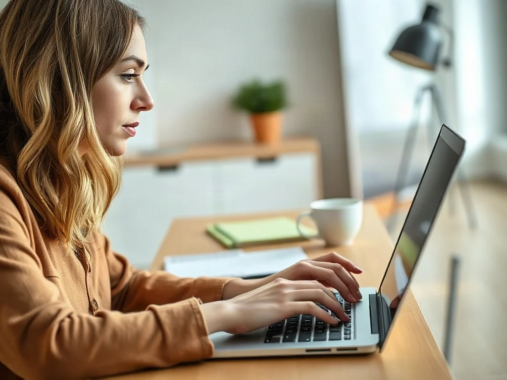 Kobieta pracująca przy laptopie w jasnym biurze, ilustrująca proces pisania tekstu i tworzenia dokumentów w programie Word.