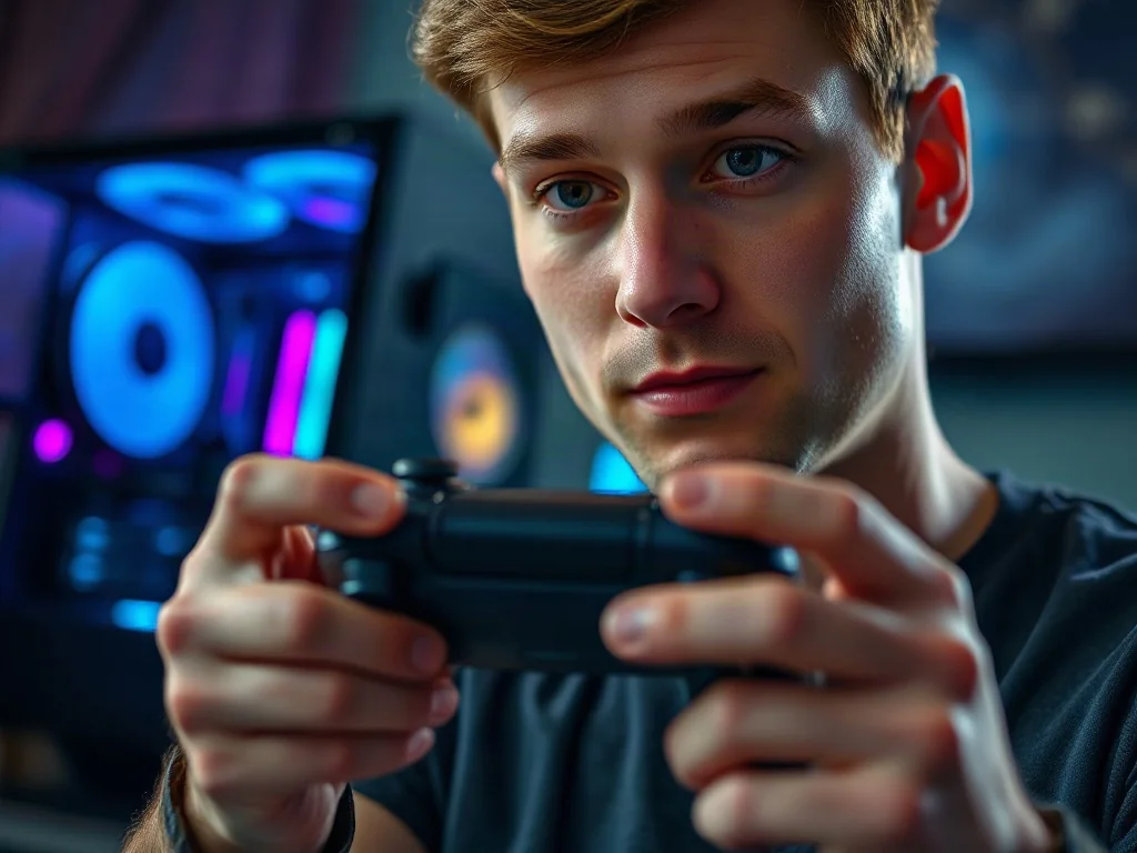 Mężczyzna trzyma bezprzewodowy kontroler Xbox na tle stanowiska gamingowego z podświetleniem LED.