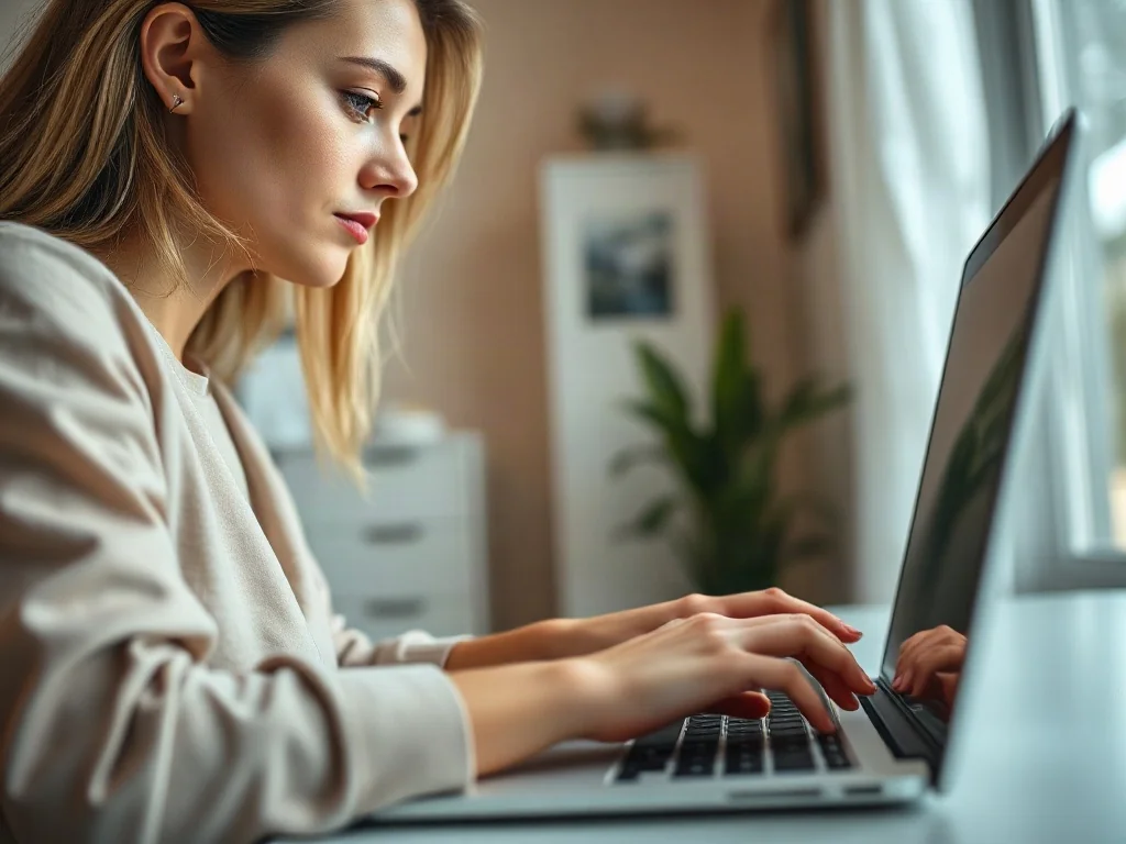 Kobieta pisząca na laptopie w jasnym biurze, z widocznym w tle interfejsem poczty elektronicznej.