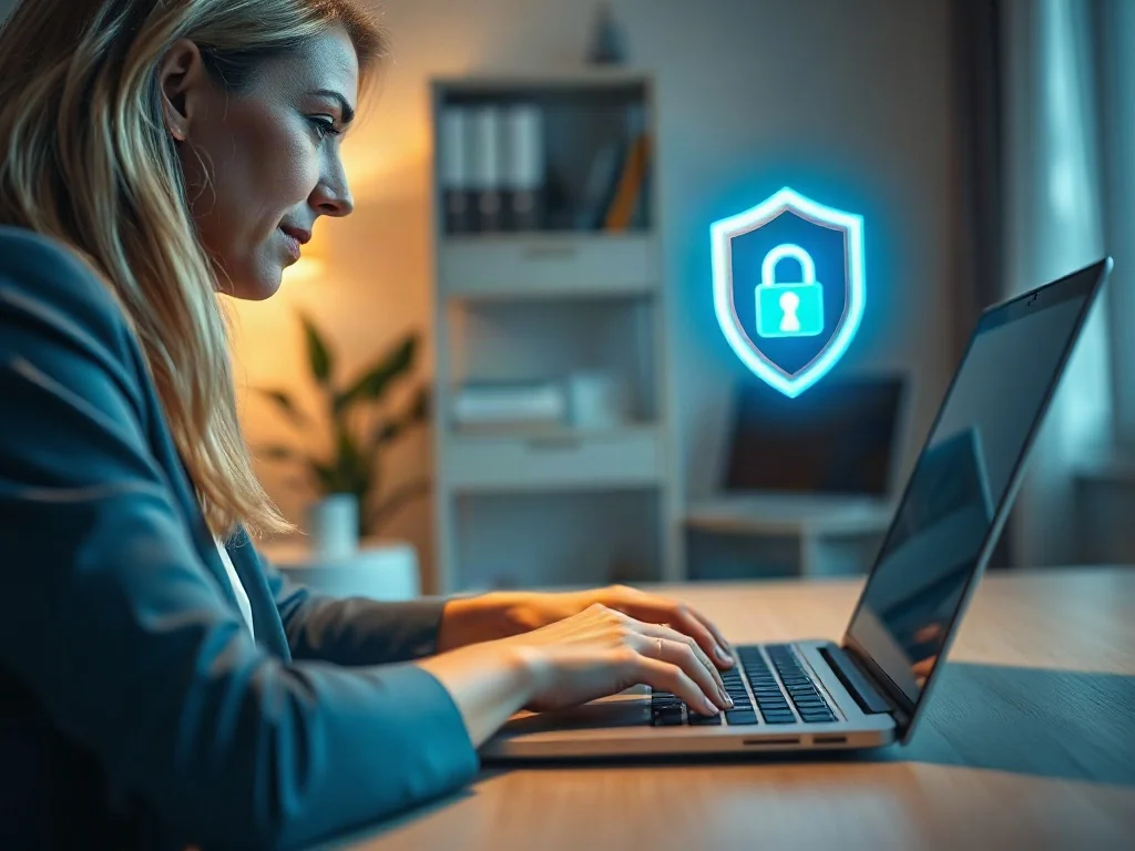 Kobieta wpisująca hasło na laptopie w nowoczesnym biurze, z cyfrową ikoną tarczy symbolizującą bezpieczeństwo sieciowe.