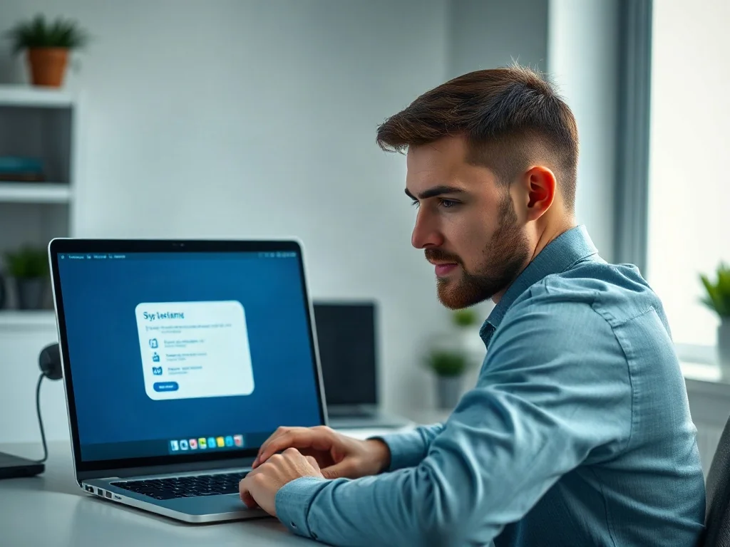 Mężczyzna przy laptopie z widocznym interfejsem aktualizacji systemu w nowoczesnym biurze.