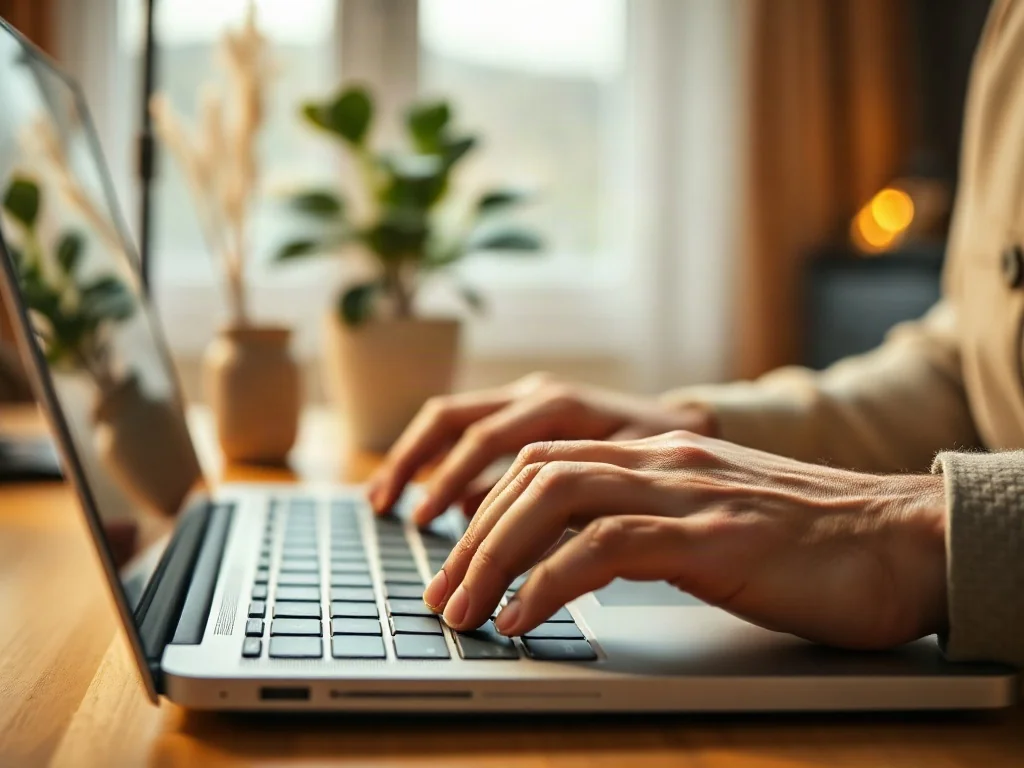 Dłonie mężczyzny piszące na klawiaturze nowoczesnego laptopa w przytulnym domowym biurze.