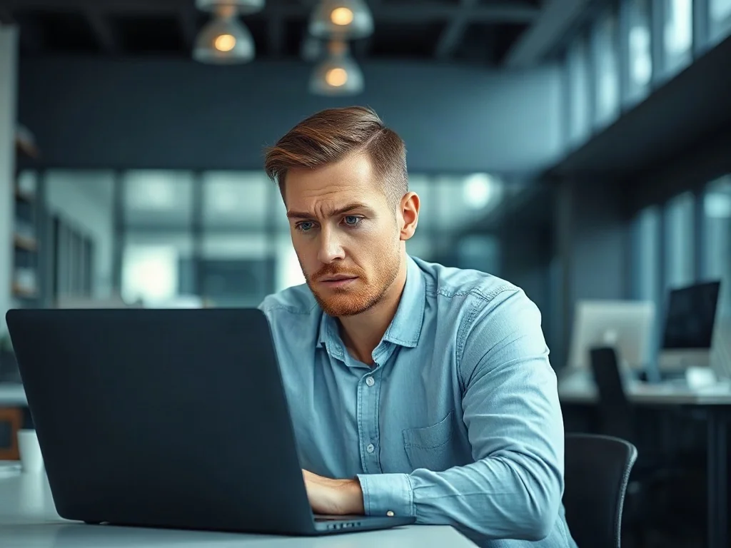 Zirytowany mężczyzna przed laptopem w biurze, ilustrujący problem z zablokowanym plikiem Excel.