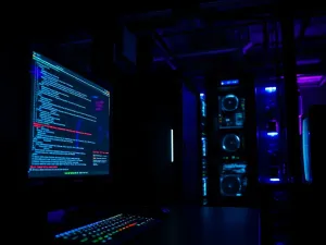 Dłonie mężczyzny piszące na klawiaturze nowoczesnego laptopa w przytulnym domowym biurze.