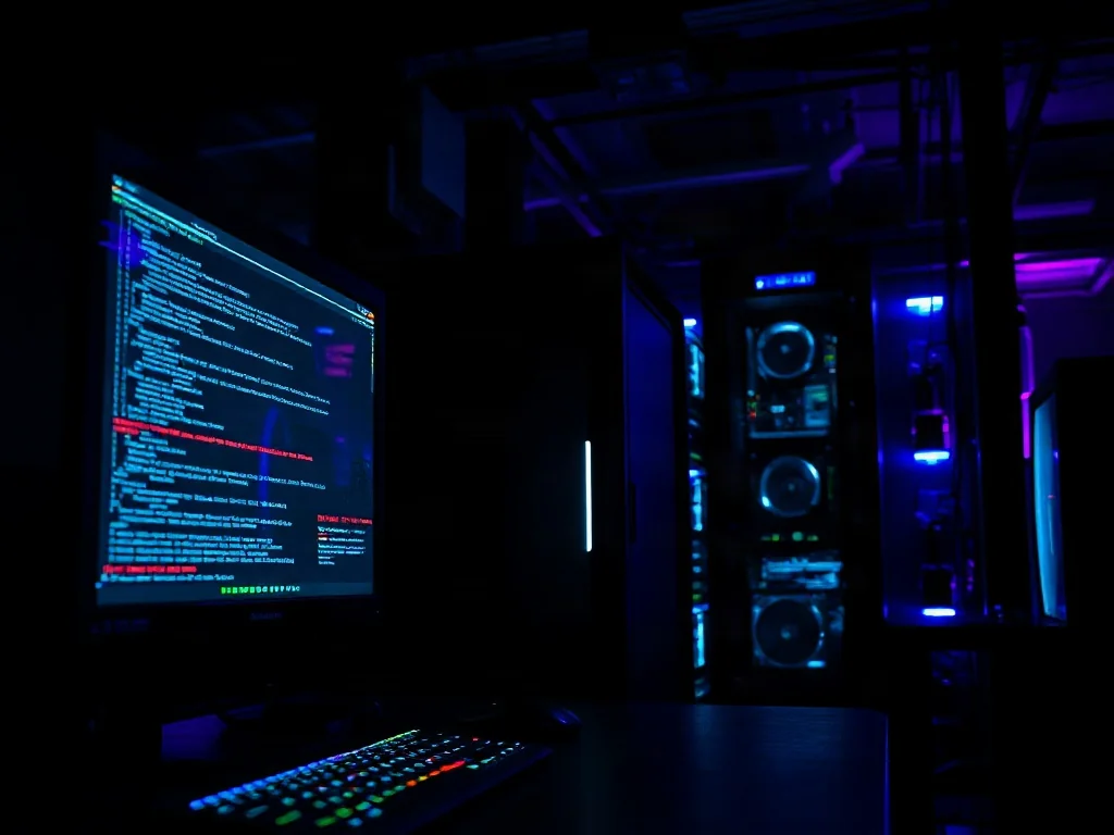 Stanowisko komputerowe z kodem na ekranach w mrocznym, cyberpunkowym otoczeniu, nawiązujące do klimatu serwerów.