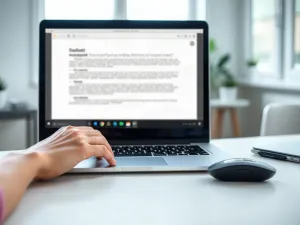 Kobieta pisząca na klawiaturze laptopa w jasnym, domowym biurze, ilustrująca pracę z tekstem.