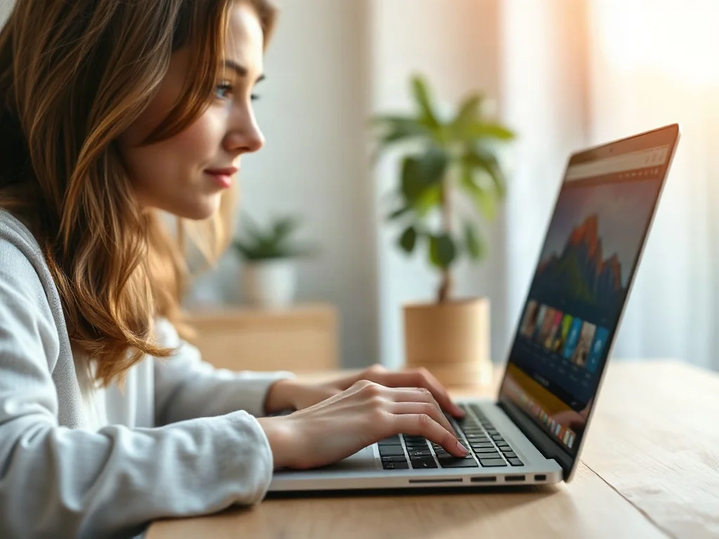 Kobieta pisząca na klawiaturze laptopa w jasnym, domowym biurze, ilustrująca pracę z tekstem.